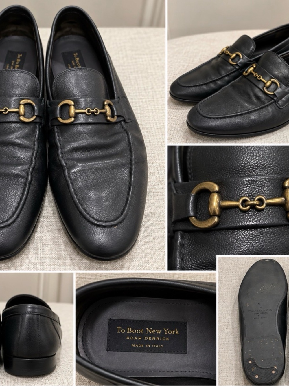 To Boot Black Leather Loafers with Gold Horsebit Hardware